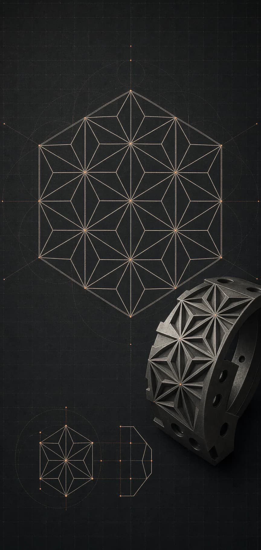 A precise asanoha geometric lattice drawn on a dark technical surface with a machined shell sample.