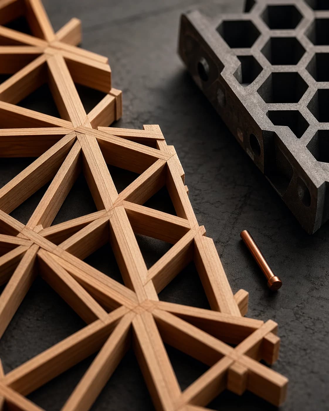 A close macro view of precise kumiko-style lattice joinery beside a machined graphite isogrid sample.