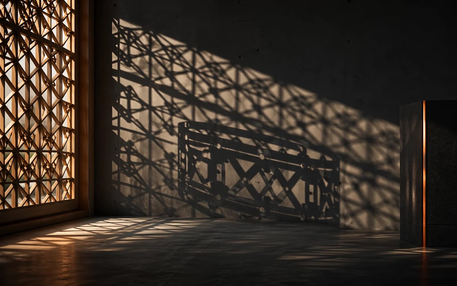 A lattice panel casting geometric shadows across a dark interior.