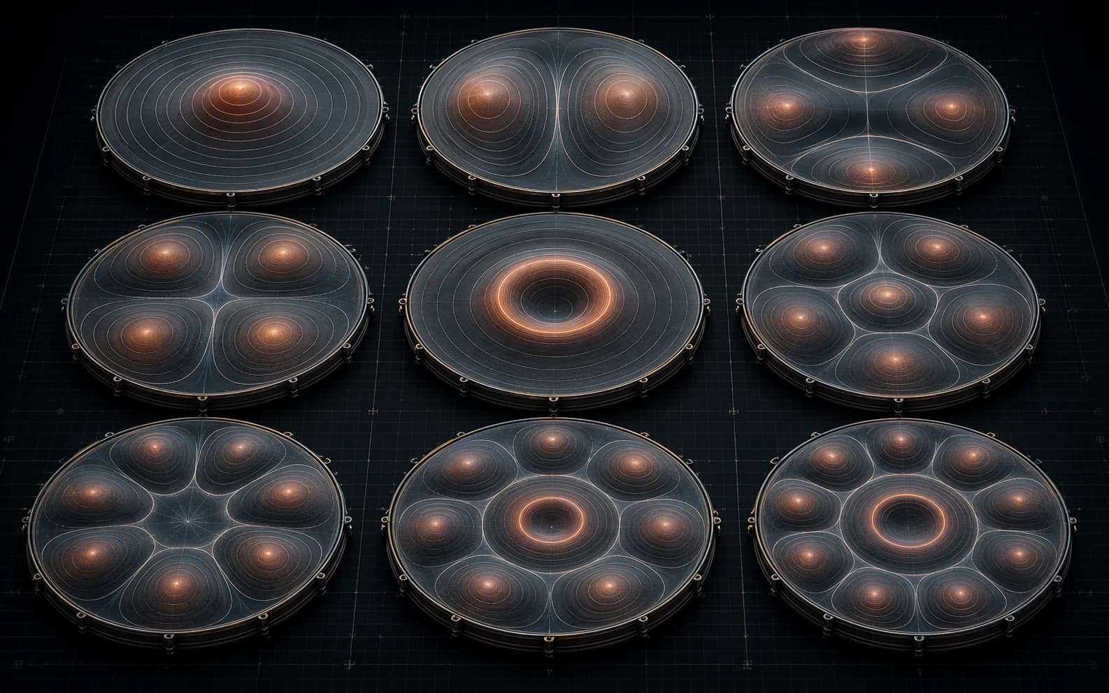 A grid of circular drumhead membrane mode shapes rendered as dark translucent surfaces with contour lines.