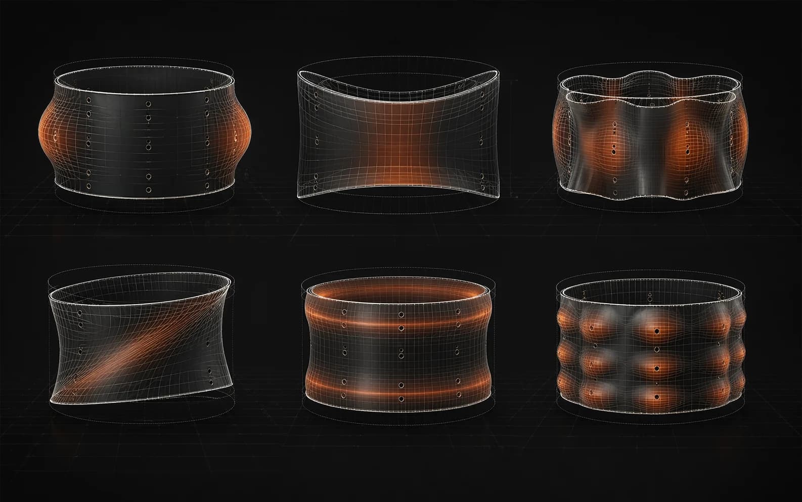 A grid of cylindrical drum shell resonant mode shapes with ghosted wireframes and copper displacement highlights.