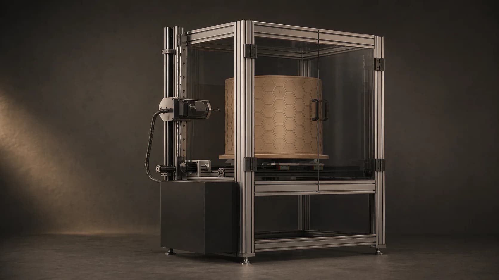 A stylized studio rendering of DrumBot with a spindle, cable run, control box, and patterned drum shell inside an aluminum frame.