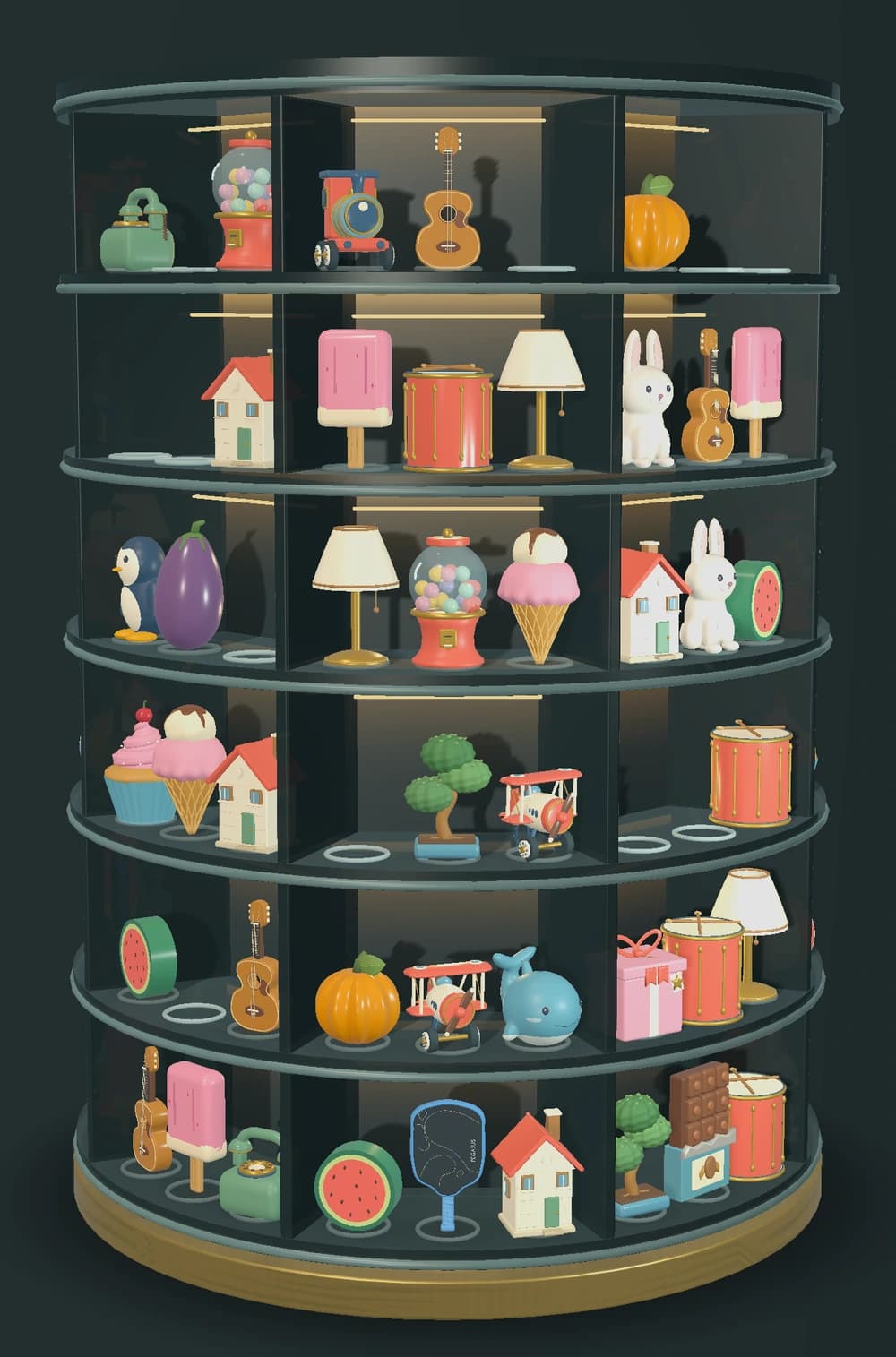 Actual Ring Around gameplay: six illuminated shelves filled with colorful objects on a black-glass carousel and brass base.